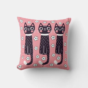 Coussin Dessin Whimsical Quirky Doodé noir Chat