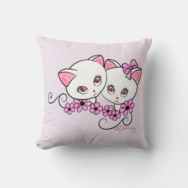 Coussin Deux chatons mignons avec le rose de marguerites (Recto)
