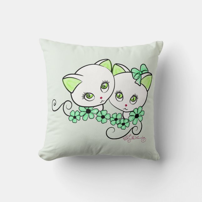 Coussin Deux chatons mignons avec le vert de marguerites (Recto)