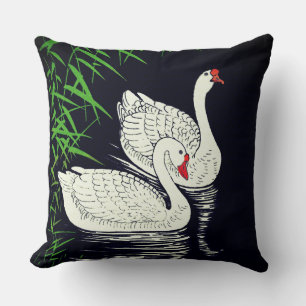 Coussin Deux cygnes dans un bassin - Blanc sur un Arrière