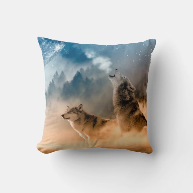Coussin Deux loups hurlent à la pleine lune en forêt (Recto)
