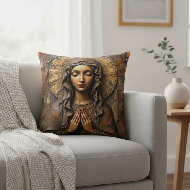 Coussin Dévotion sculptée Marie en bois (Créateur téléchargé)