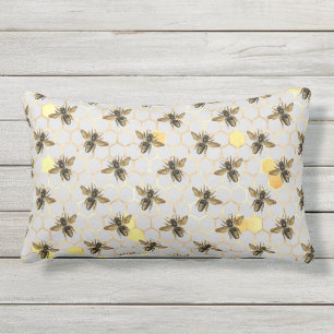 Coussin D'extérieur Abeilles sur motif de nid d'abeille jaune or gris 