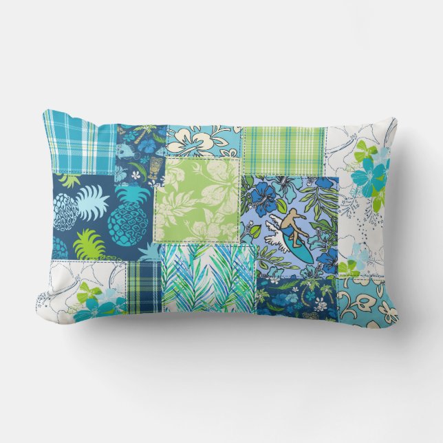 Coussin D'extérieur Aloha Patchwork Hawaiian Tropical Prints - Turquoi (Recto)