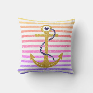 Coussin D'extérieur Ancrage or arc-en-ciel, bandes blanches nautiques