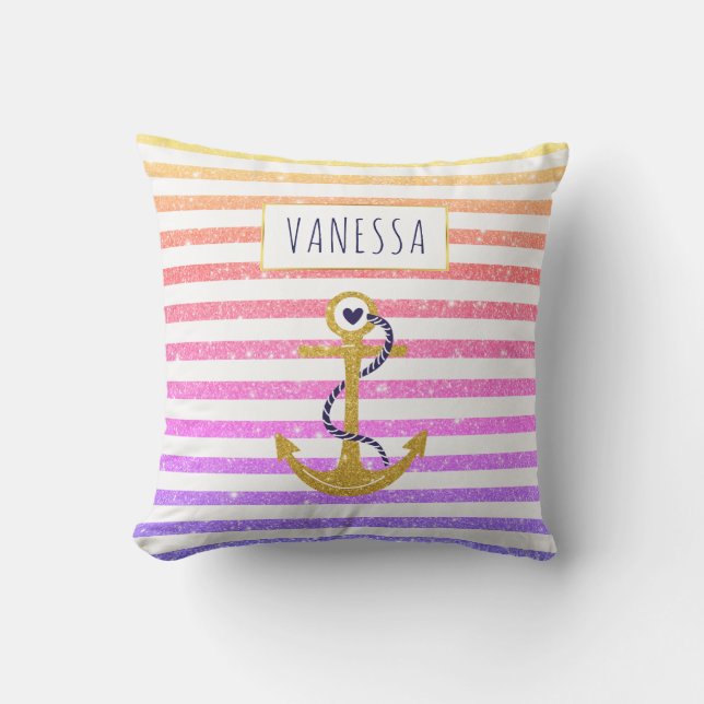 Coussin D'extérieur Ancrage or arc-en-ciel rayé motif nautique  (Recto)