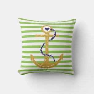 Coussin D'extérieur Ancrage or vert, rayures blanches nautiques