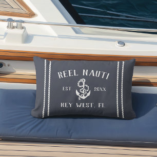 Coussin D'extérieur Ancre de nom de bateau personnalisé Dark Navy & Wh