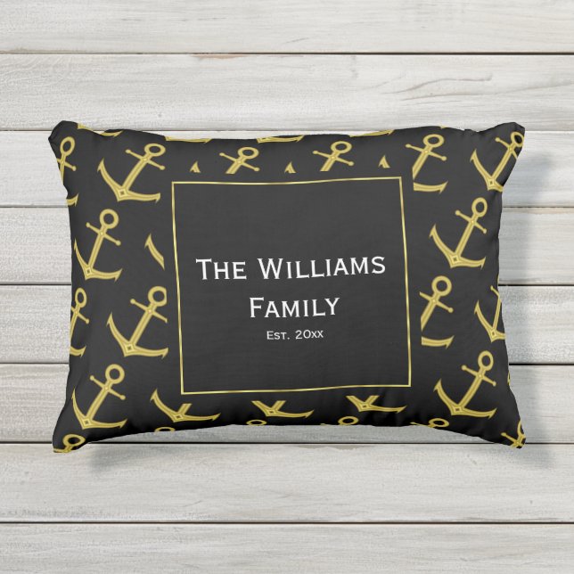 Coussin D'extérieur Ancre marine personnalisée Noir et Faux Or (Devant)