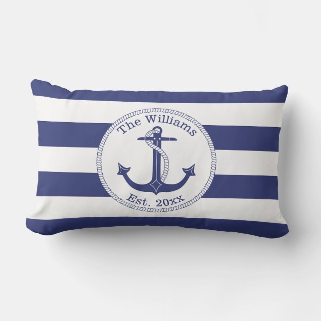 Coussin D'extérieur Ancre nautique Bleu de la marine Bleu rayures Fami (Recto)