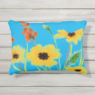 Coussin D'extérieur Aquarelle colorée Fleurs jaunes sur Turquoise