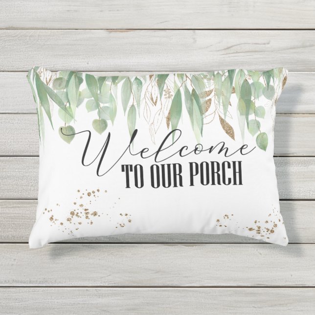 Coussin D'extérieur Aquarelle Eucalyptus Gold Bienvenue À Notre Porte (Devant)