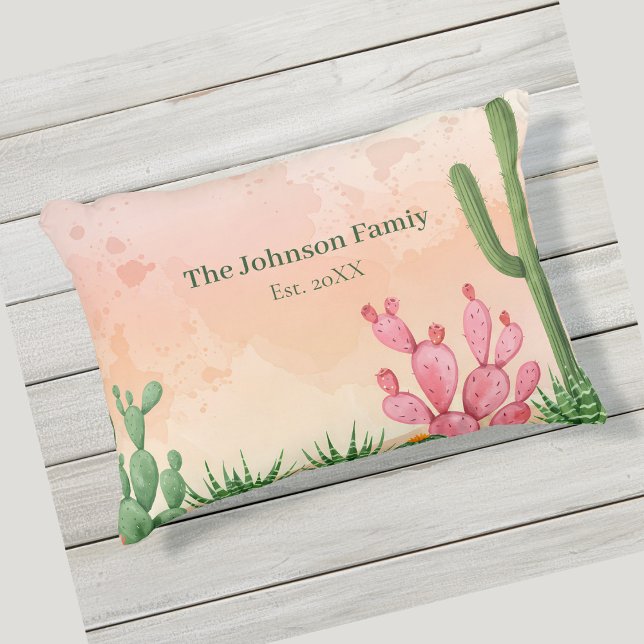 Coussin D'extérieur Aquarelle personnalisée Cactus du désert Nom de fa (Créateur téléchargé)