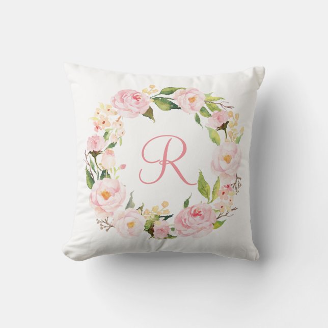 Coussin D'extérieur Aquarelle rose Floral Wreath Monogramme (Recto)