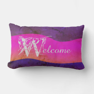 Coussin D'extérieur Aquarelle rose violet bleu chic extérieur "Bienven