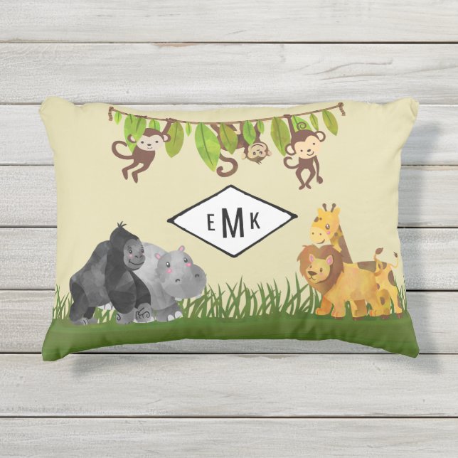 Coussin D'extérieur Aquarelle Safari Jungle Animaux avec Monogramme (Devant)