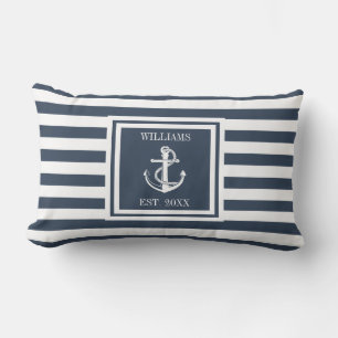 Coussin D'extérieur Bande de nom bleu marine personnalisée Ancre nauti