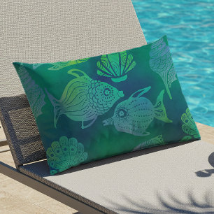 Coussin D'extérieur Batik de poissons coquillages côtier bleu