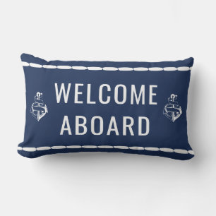 Coussin D'extérieur Bienvenue à bord d'Ancre blanche sur fond bleu