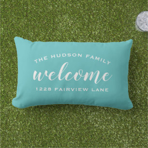 Coussin D'extérieur Bienvenue Aqua Blue Nom de famille personnalisé Ad