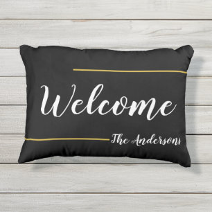 Coussin D'extérieur Bienvenue Black Gold et White Script Nom du texte