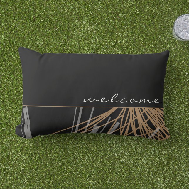 Coussin D'extérieur Bienvenue  | Black Gold & White Abstrait Ribbons (Herbe)