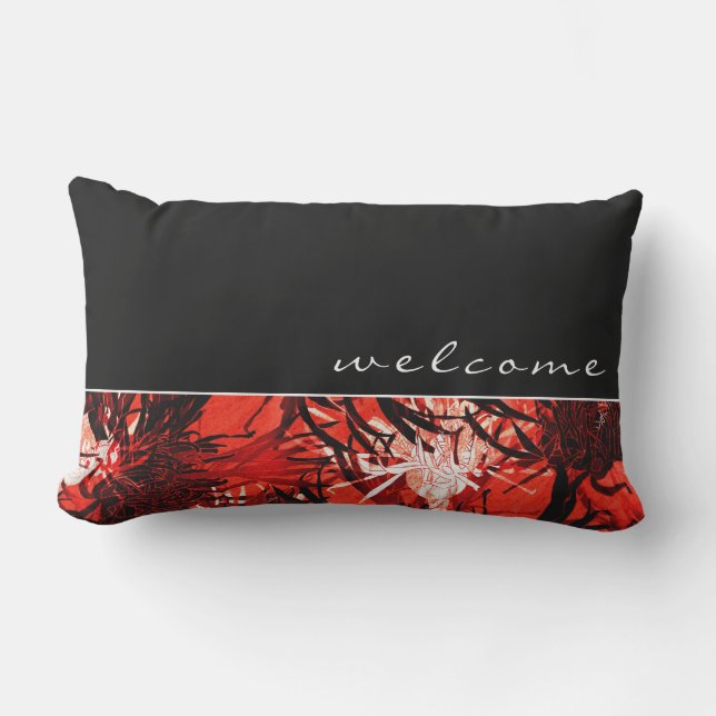 Coussin D'extérieur Bienvenue  | Floral Abstrait noir blanc et rouge (Recto)