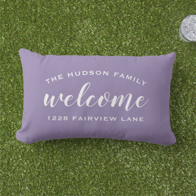 Coussin D'extérieur Bienvenue Purple Nom de famille personnalisé Adres (Herbe)
