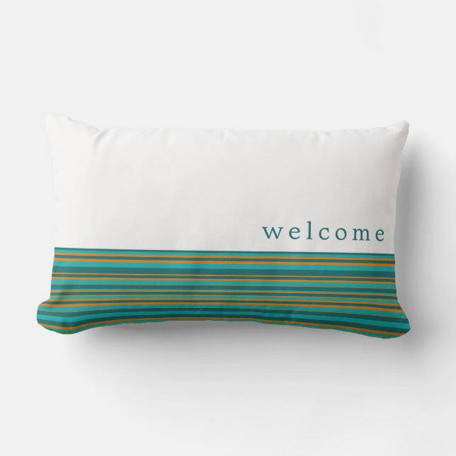 Coussin D'extérieur Bienvenue  | Turquoise blanc et Motif de bande ora (Recto)