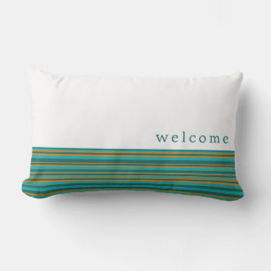 Coussin D'extérieur Bienvenue   Turquoise blanc et Motif de bande oran