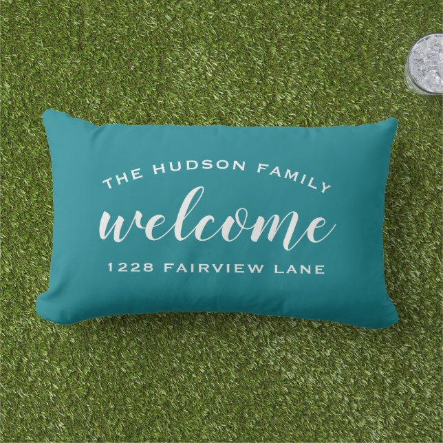 Coussin D'extérieur Bienvenue Turquoise Bleu Nom de famille personnali (Herbe)