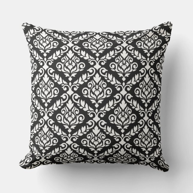 Coussin D'extérieur Blanc de motif de damassé de Prima sur le noir (Recto)