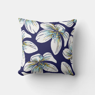 Coussin D'extérieur Blanc fleurs tropicales motif aqua, feuille d'or