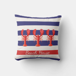 Coussin D'extérieur Bleu blanc rayures nautiques rouge homards