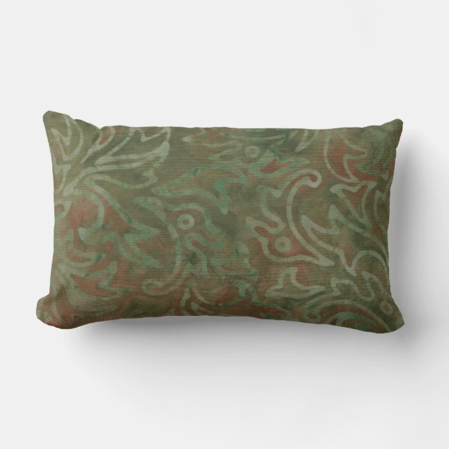 Coussin D'extérieur Boho Batik Green Rust Foliing Motif (Recto)