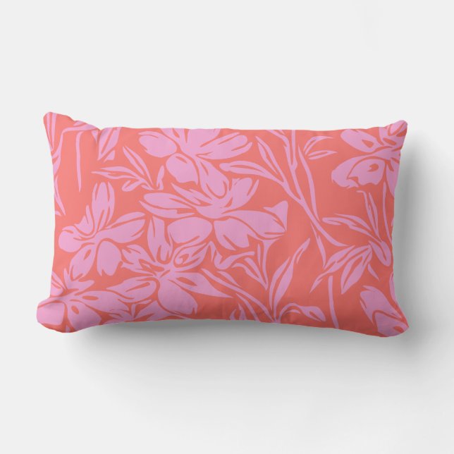 Coussin D'extérieur Botanique Floral Boho Art Design en rose et rouge (Recto)