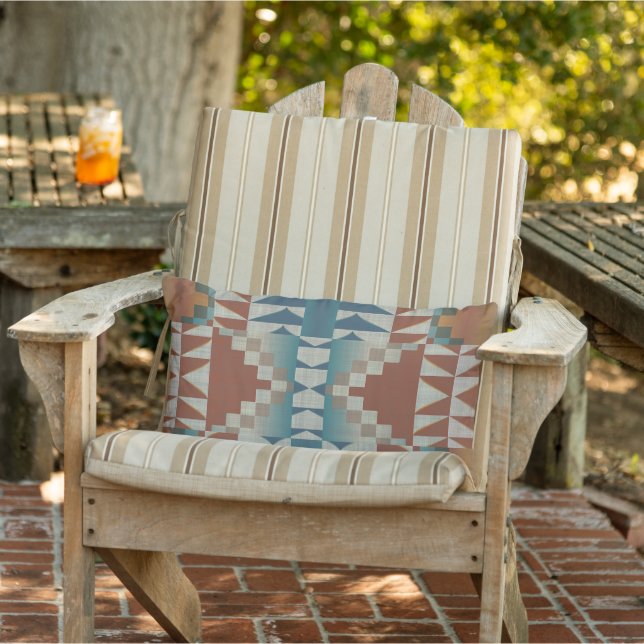 Coussin D'extérieur Brûlé Orange Taupe Brown Turquoise Bleu Art Tribal (Chaise)