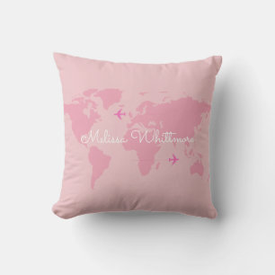 Coussin D'extérieur carte du monde rose & avions, personnalisée
