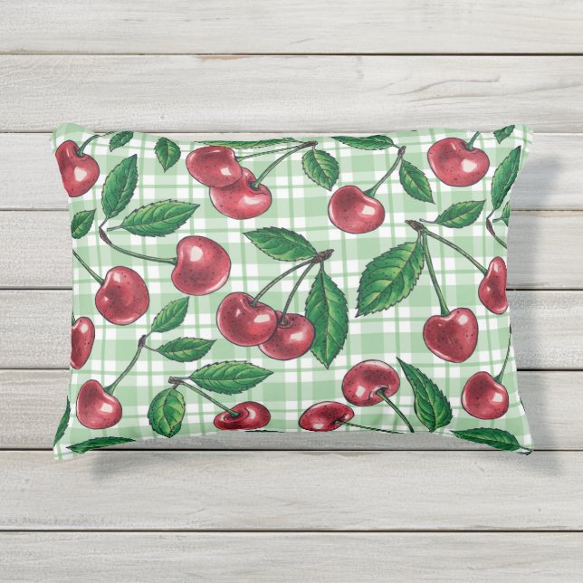 Coussin D'extérieur Cerises rouges sur en vichy vert clair (Devant)