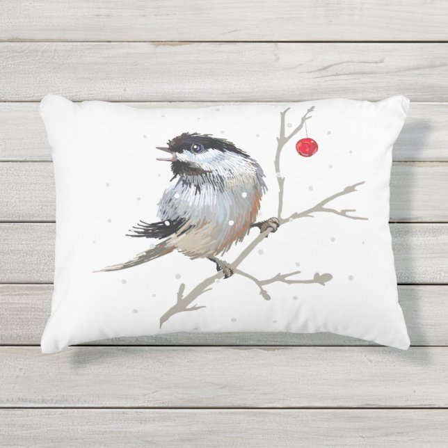 Coussin D'extérieur Chickadee de Noël neigeux (Devant)