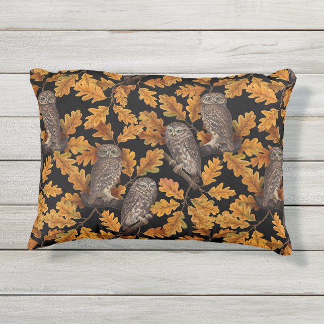 Coussin D'extérieur Chouettes d'automne sur noir (Dos)
