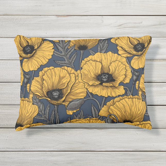 Coussin D'extérieur Coquelicots jaunes sur fond bleu marine (Devant)