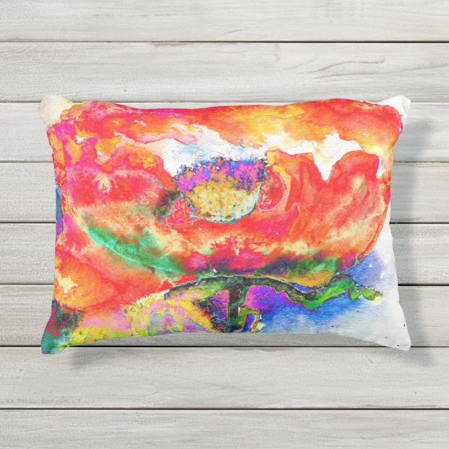 Coussin D'extérieur Elégant rouge pavot classique rouge floral aquarel (Devant)