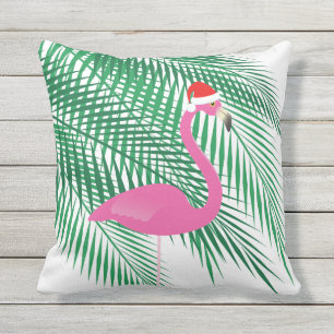 Coussin D'extérieur Flamant rose tropical de Noël sur le blanc -