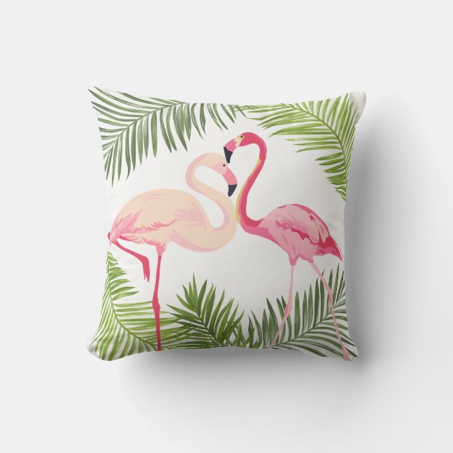 Coussin D'extérieur Flamants roses roses avec Feuilles Palm (Recto)