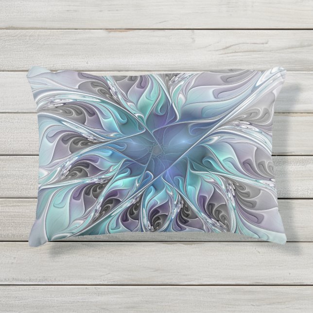 Coussin D'extérieur Fleur Abstraite Fractale Moderne Avec Bleu (Devant)