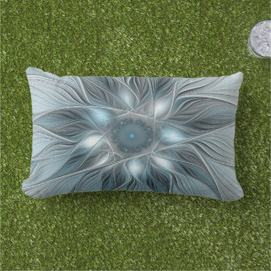 Coussin D'extérieur Fleur abstraite joyeuse bleu gris floral fractal