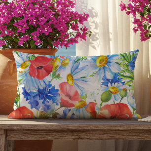 Coussin D'extérieur Fleurs aquarelles d'été bleu rouge jaune extérieur