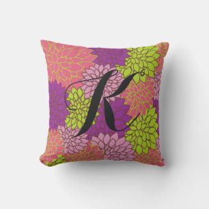 Coussin D'extérieur Fleurs audacieuses avec initiale en vert citron, r