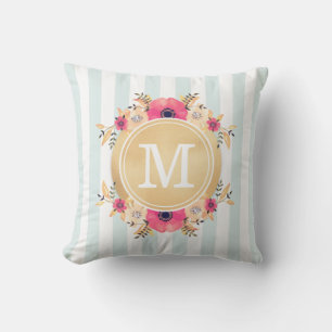 Coussin D'extérieur Fleurs d'aquarelle à la menthe Faux or Monogramme